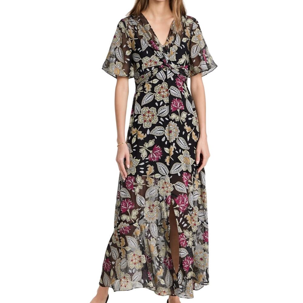 Rag & Bone Tamar Black Floral Sheer Front-Twist Maxi Dress size S NO LINING